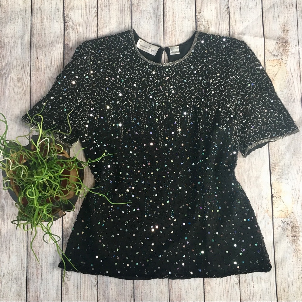 Vintage 80s Sequin Beaded 100% Silk Black Blouse